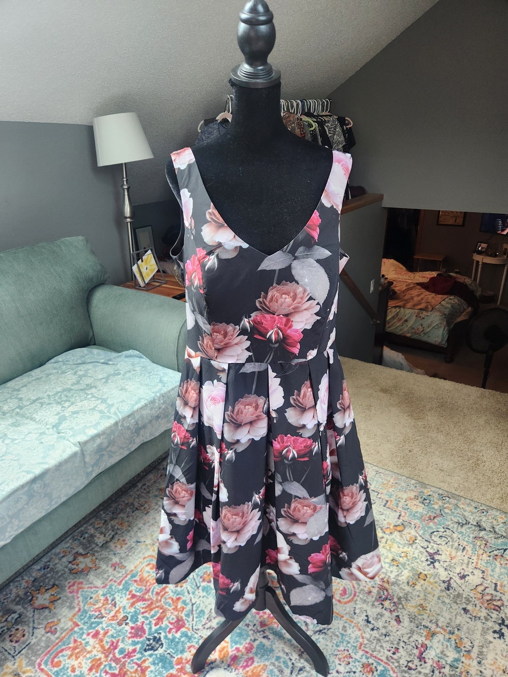 City Chic Black Dress with Pink Rose Print Flirty Fit-n-flare Size 12 Nwt New!
